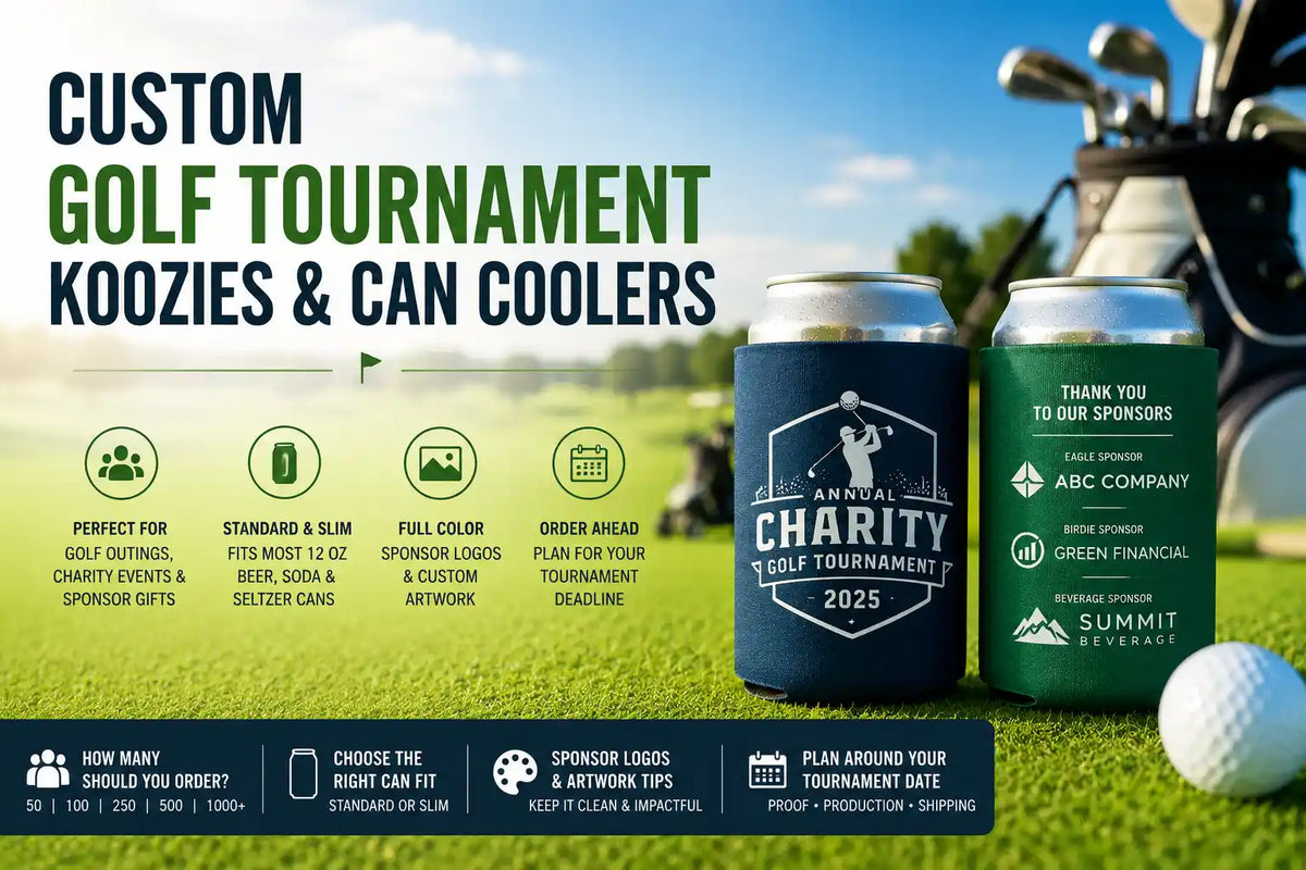 Custom Golf Tournament Koozies & Can Coolers: Quantity, Sponsor Logos, Can Fit & Deadlines