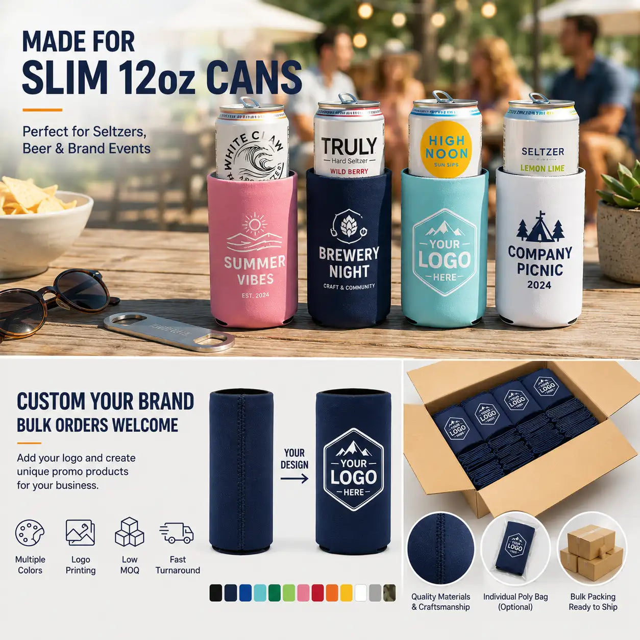 Custom 12oz Slim Can Coolers with Logo — Bulk Order