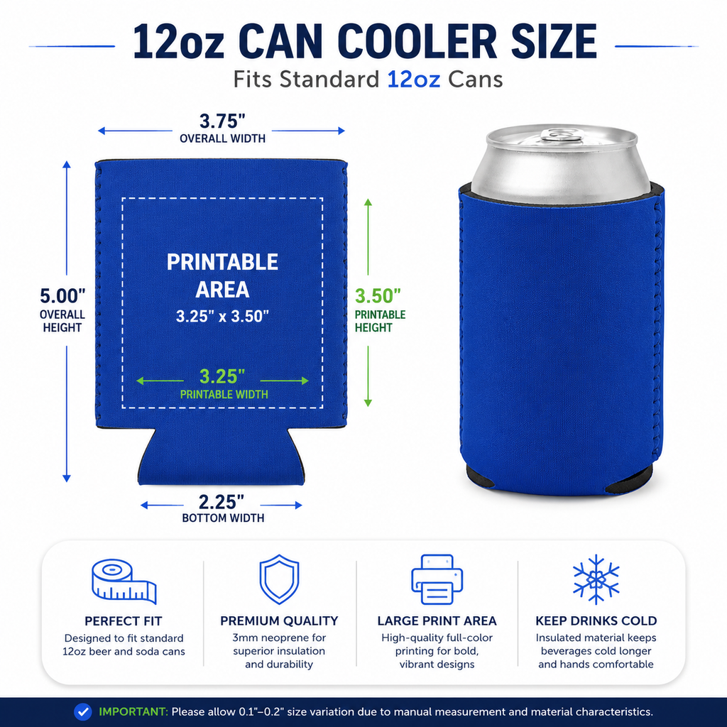 12oz can cooler size and printable logo area